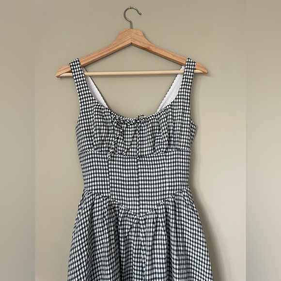 NEW Reformation Balia Midi Linen Dress Slate Check Plaid Navy White | US 2 UK 4 - Picture 11 of 15